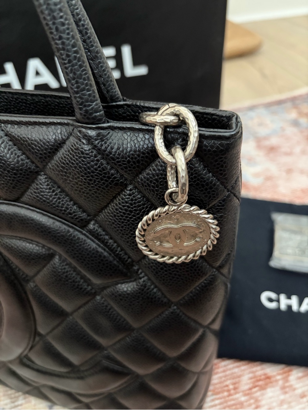 CHANEL Black Quilted Caviar Leather Tote with Interlocking CC - Picture 8 of 12